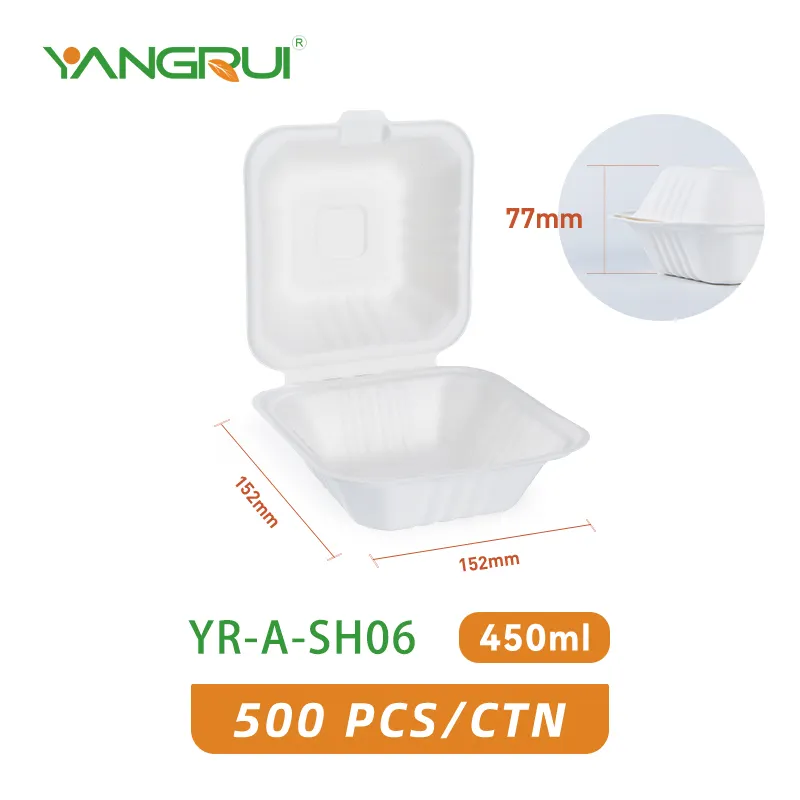 Take Out Food Containers com Clamshell Hinged Lid 100% Compostable Biodegradável Sugarcane Bagasse food container