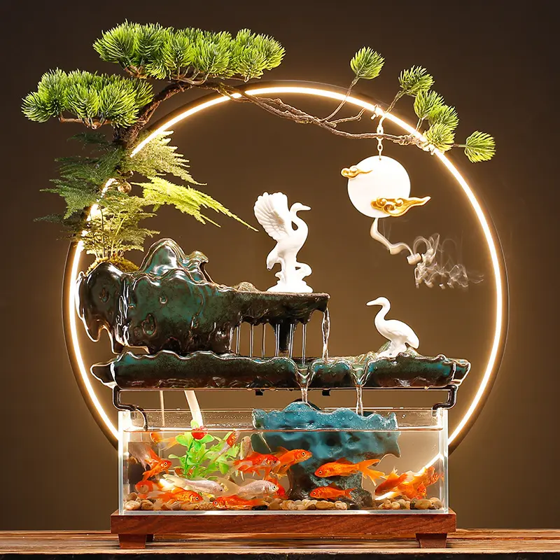 Ywbeyond Keramik Feng Shui Vintage-Ornamente Innenraum-Wasserbrunnen Zen Meditation Led-Licht Rückfluss Wasserfall-Räucherbrenner