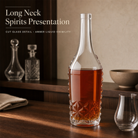 Bouteille de liqueur en verre taillé à col long Solent haute clarté avec motif floral à facettes pour spiritueux ambrés, vente en gros OEM
