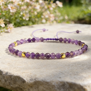 Bracelet ajustable en perles de cristal d'améthyste violette miniature de 3 mm, vintage, pour la guérison, le Reiki, apaisant, pour femmes - Cadeau - Product Image 3