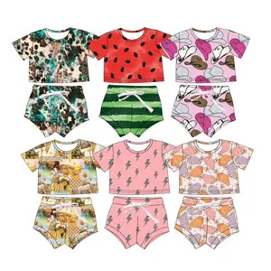 Hot Sale Western Short Sleeves Shirts Shorts 2 Pieces Sets Girl Summer Outfits Kids Lounge Sets