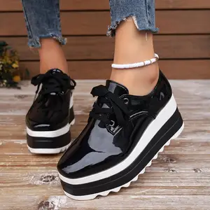 New Muffin Women's Round Toe Lace Up Increase Thick Bottom Wedge Shoes Stylish British Style Casual Women's Shoes