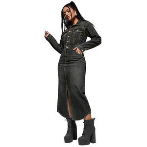 Robes <span class=keywords><strong>pour</strong></span> femmes en gros, vêtements à manches longues, boutons, poches, robe maxi, vêtements d'automne, mode streetwear, fente, robes en jean décontractées - Product Image 4