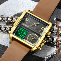 Reloj Binbond B3332 jam tangan persegi untuk pria, arloji kulit Digital LED tampilan ganda Quartz Analog Dial besar modis