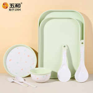 Wuhe Melamine Tableware Set 5 In 1 With Bowl <b>Plate</b> Spoon Fork For Daily Use Rectangular Design Polka Dots Pattern - Product Image 5