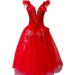 新款红色芭蕾长裙女浪漫短裙带红色贴花女孩芭蕾舞台舞蹈服装
