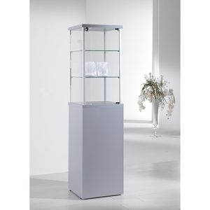 Modern Display Cabinet 45x45x175cm <b>Light</b> Grey Aluminum Frame Tempered Glass <b>Hinged</b> Lockable Door Adjustable Shelves - Product Image 1