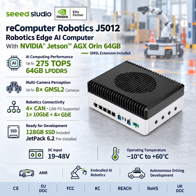 Seeed Studio ReComputer Robotics J5012 NVIDIA Jetson AGX Orin 64GB 275TOPS Industrial Edge AI Computer 8 GMSL2 Inputs 10GbE CAN