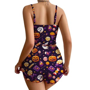 Côtelé Halloween imprimé sans manches haut à bretelles femmes costume fille chaude court Sexy jarretelle Shorts personnalisé vêtements de détente femmes ensembles - Product Image 5