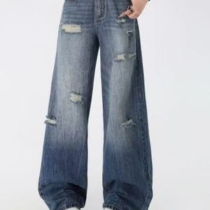 Jeans Casuales de Estilo Vintage para Mujer, Transpirables, de Mezclilla, con Decoración de Agujeros, Corte Holgado y Recto, Lavados, Cómodos para el Verano - Product Image 3