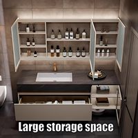 Ensemble de meuble-lavabo mural de luxe personnalisé avec un seul tiroir, vasque sous plan en pierre, miroir LED et armoire vitrée