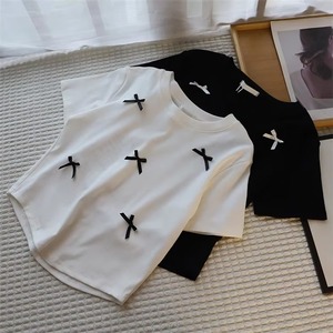 <span class=keywords><strong>T</strong></span>-<span class=keywords><strong>shirt</strong></span> court à la mode d'é<span class=keywords><strong>t</strong></span>é Y2K pour femmes avec nœud à manches courtes Design écologique décontracté - Product Image 3