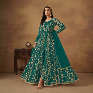 Vestido Anarkali Butterfly Net con bordado de hilo múltiple, jari y cordón, semicosturado, ropa étnica de diseñador, 58 pulgadas de largo. - Product Image 1