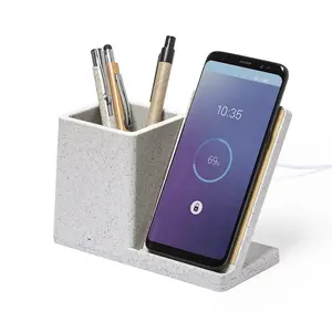3 in 1 Multi function Qi Wheat Straw Bamboo Wireless Charger with Pen holder mobile phone charge stents