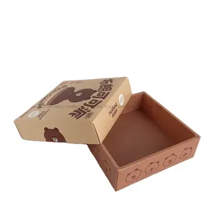 高端卡通棕熊图像印刷方形巧克力棕色米色方盒带盖隔间外卖馅饼蛋糕