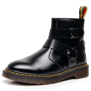 Black Ankle <b>Boots</b> Genuine Leather Round Toe Buckle Closure Flat Heel Anti-Slippery Rubber Outsole All Seasons Solid Color - Product Image 1