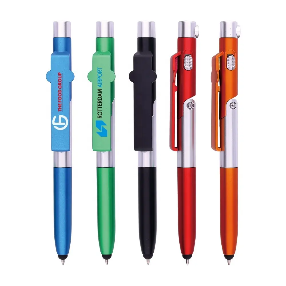 Alibaba Item Mới Nhất OEM Thiết Kế Khuyến Mại Bi Nhựa 4 trong 1 Tùy Chỉnh Stylus Pen với LED Light Điện Thoại Đứng