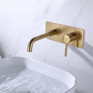Curved Spout 59% Brass Double Handle Brushed Gold Bathroom Brass Basin Faucet Tap With Panel