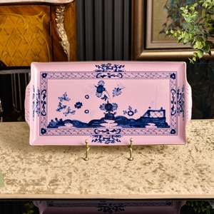 <b>Set</b> Of 2 Blue And Pink Floral Porcelain <b>Serving</b> Trays With Gold Rim For Table Decoration - Product Image 1
