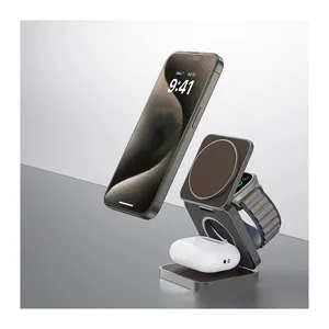新款便携式磁性可折叠无线充电器3合1 Qi充电站15w苹果手机快速充电器支架