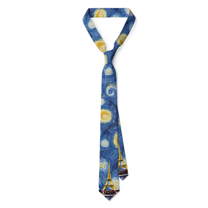 Gravata de gola longa com estampa de Van Gogh para presente masculino, novidade personalizada de 8 cm, novidade com desenho novo, novidade personalizada, novidade de ouro, novidade de 2024