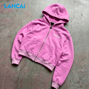 Top Manufacture Custom High Quality Acid Wash Vintage Distressed Fleece Cotton Sun Faded Oversized Pearl <b>studded</b> Zip up Hoodie - Product Image 1
