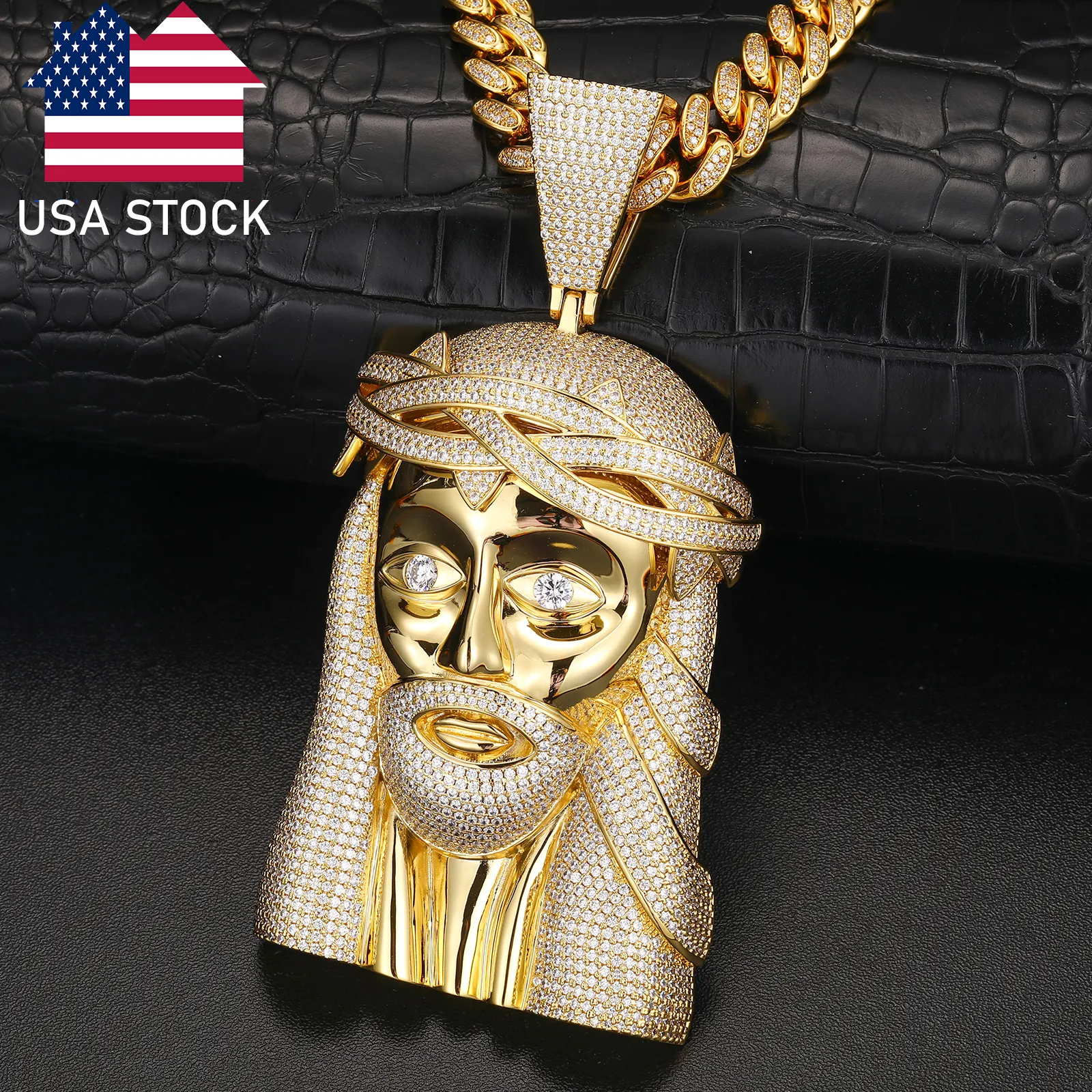 Dropshipping USA Stock Hip Hop Jewelry 18K Gold Plated Brass Micro Paved AAAAA CZ Diamond Iced Out Big Size Jesus Pendant