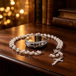 Boîte vide avec collier chapelet de perles blanches imitation, design croix, chaîne de pull unisexe, bijou cadeau - Product Image 1