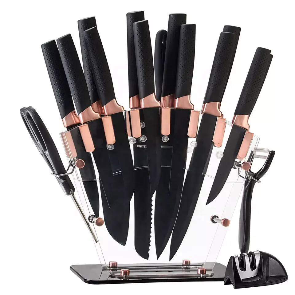 Customization 17pcs kitchen knife set High carbon stainless steel black printed kitchen with knife block