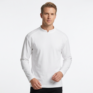 <b>Men's</b> White Stand Collar Long Sleeve Knitted <b>T</b>-<b>Shirt</b> Regular Fit Casual Solid Color Breathable Cotton Jersey made in Bangladesh - Product Image 1