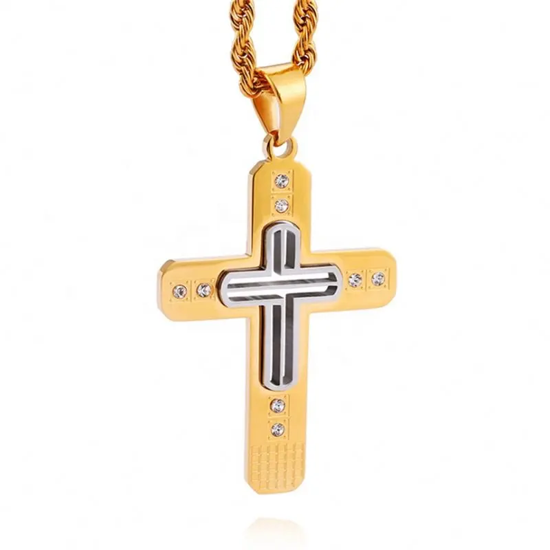 Personality Christianity Pendant Jewelry Gifts Stainless Steel Hollow Crystal Cross Necklace