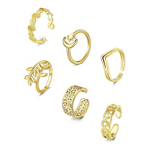 Stainless Steel <b>Open</b> <b>Ring</b> Set With Hollow Plant Design Adjustable Stackable <b>Rings</b> For Daily Wear Unisex Casual Style - Product Image 5