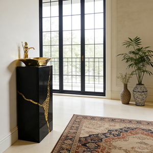 Lavabo su Colonna Artistico di Alta Gamma con Motivo Leopardato Dorato in Fibra di Vetro per Bagni di Lusso - Product Image 3
