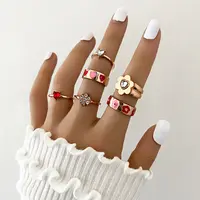 Conjunto de anéis de dedos, 6 pçs/set para mulheres flor colorido strass brilhante anéis de cristal jóias