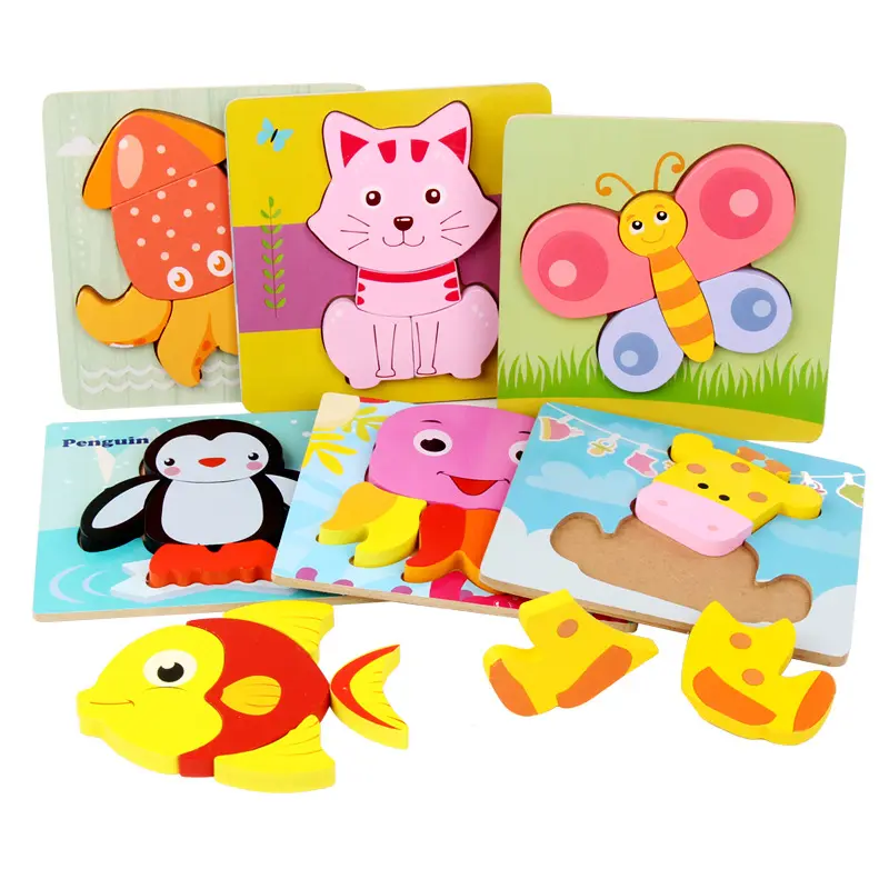 Puzzle kayu 3D & teka-teki jigsaw kartun hewan & lalu lintas genggam papan puzzle pendidikan montessori mainan untuk bayi anak-anak