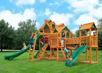 Grand ensemble de jeux d'extérieur en bois et acier avec double toboggan, toboggan en spirale et balançoires pour jardin et parc