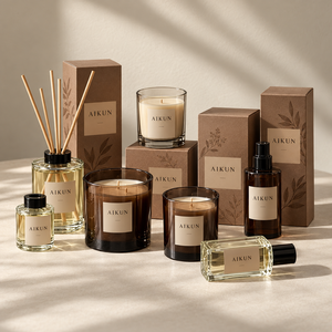Coffret cadeau de parfums d'ambiance Aikun en verre ambré, plusieurs tailles, trois mèches, avec bougies, diffuseur et brume, pour la vente en boutique. - Product Image 2