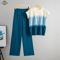 Ensemble deux pièces pour femmes Lumos, style européen et américain, été, nouveau, col sans col, manches trois-quarts, tricoté, color-block