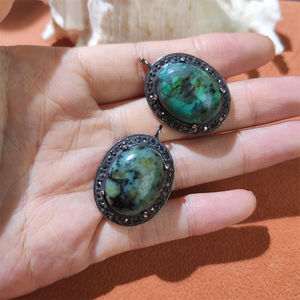 All'ingrosso ciondoli ovali in pietra blu naturale cz in vera natura turchese africano gioielli in argento placcato collana charm per le donne - Product Image 2