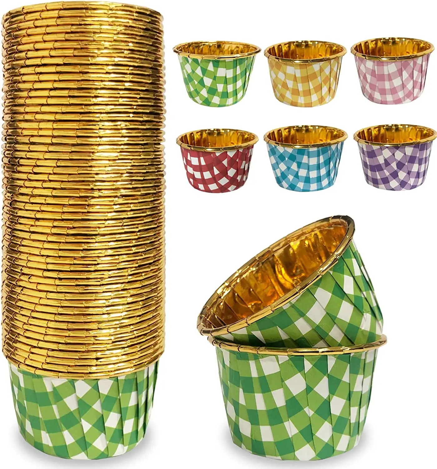 Tasses vertes de cuisson de Cupcake de papier d'aluminium, doublures de Cupcake de feuille d'or à carreaux