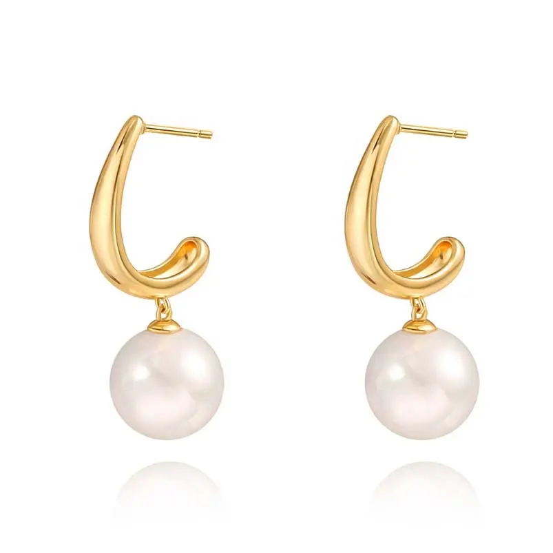 Gemnel most popular jewelry accessories 925 silver dangling glistening shell pearl chunky cc hoop earrings