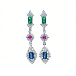 Orecchini Pendenti di Lusso in Oro Bianco con Zaffiri e Diamanti Taglio Smeraldo, Design Geometrico per Gioielli da Sposa - Product Image 1