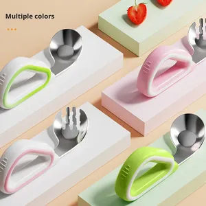 Cuchara y Tenedor de Entrenamiento <span class=keywords><strong>para</strong></span> Niños con Mango de Silicona, Cuchara Yuanbao de Acero Inoxidable 316 con Cabeza Curva, Diseño Fresco y Lindo, Cuchara y Tenedor <span class=keywords><strong>para</strong></span> Alimentos <span class=keywords><strong>para</strong></span> Bebés - Product Image 1