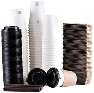 Luckypack Disposable Hot Beverage 12Oz Paper Coffee Cups With Lids Straws and Sleeves