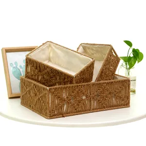 3 Pcs Jute Woven Boho Decor Bins With Removable Cloth Liner For Countertop Macrame Storage Baskets For Nursery Living Room