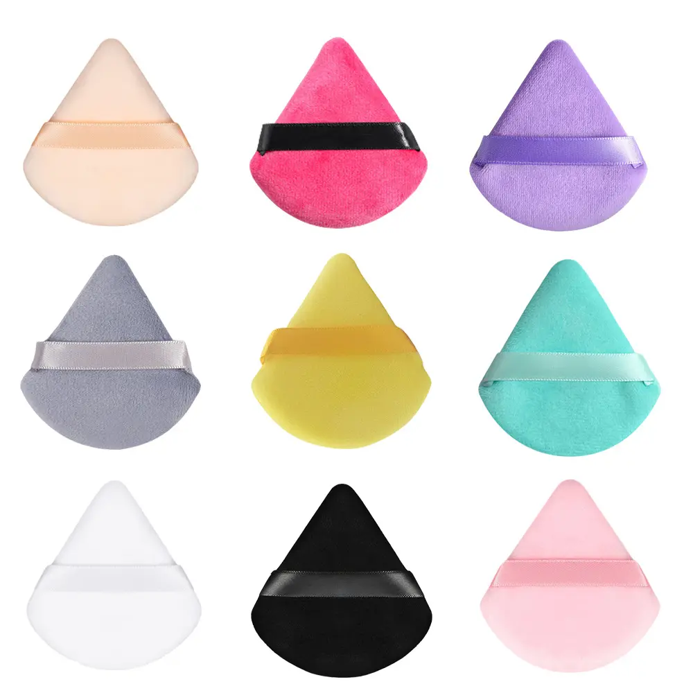 wholesale Triangle Cosmetic Makeup Powder Puffs Loose Flying Custom Private Label Logo Long Handle Soft Wedge Flocking Cotton