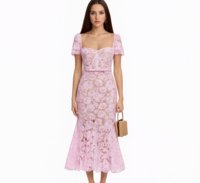 Gaun Midi Renda Berongga Warna Pink Musim Panas, Gaun Bodycon Lengan Pendek Wanita Modis, Rok Trumpet Renda Bunga Elegan
