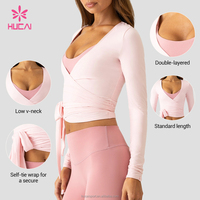 Haut de yoga et de sport pour femme, personnalisé avec logo ODM, respirant, col en V, ajustable, à nouer, manches longues, idéal pour le ballet, le Pilates et la gym