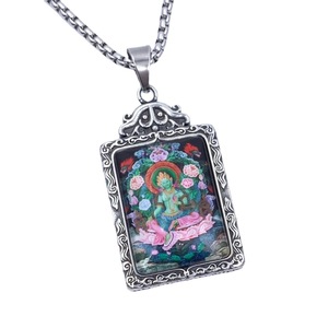 Colgante Thangka de Tara Verde, Collar con Bisel Rectangular de Acero Inoxidable para Hombre y Mujer, Regalo 216040 - Product Image 3