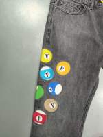 Jeans en denim pour hommes, coupe slim, noir délavé, imprimé boules de billard, jambe droite épaisse, en denim selvedge, personnalisables OEM